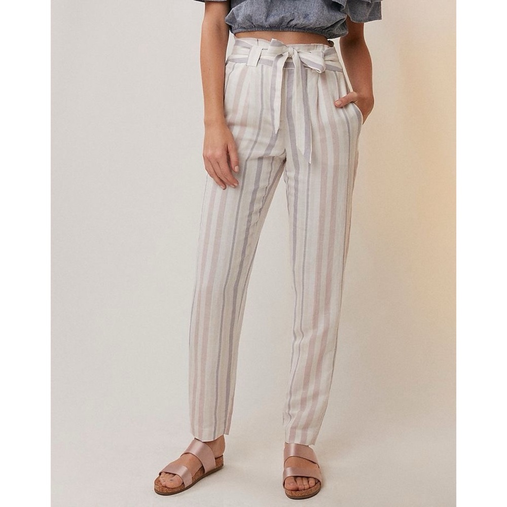 Express Striped Linen-Blend Sash Waist Ankle Pants